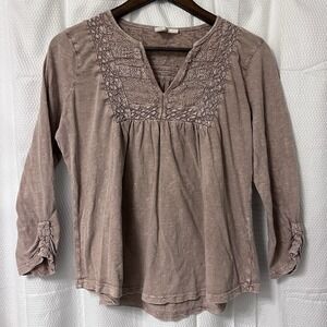 Joie 100%‎ Cotton MEDIUM Eyelet V Neck Peasant Blouse Boho Babydoll Acid Wash EC